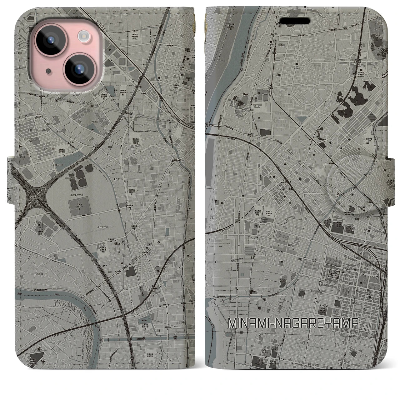 【南流山(千葉県)】地図柄iPhoneケース(手帳タイプ)モノトーン・iPhone 15 Plus 用