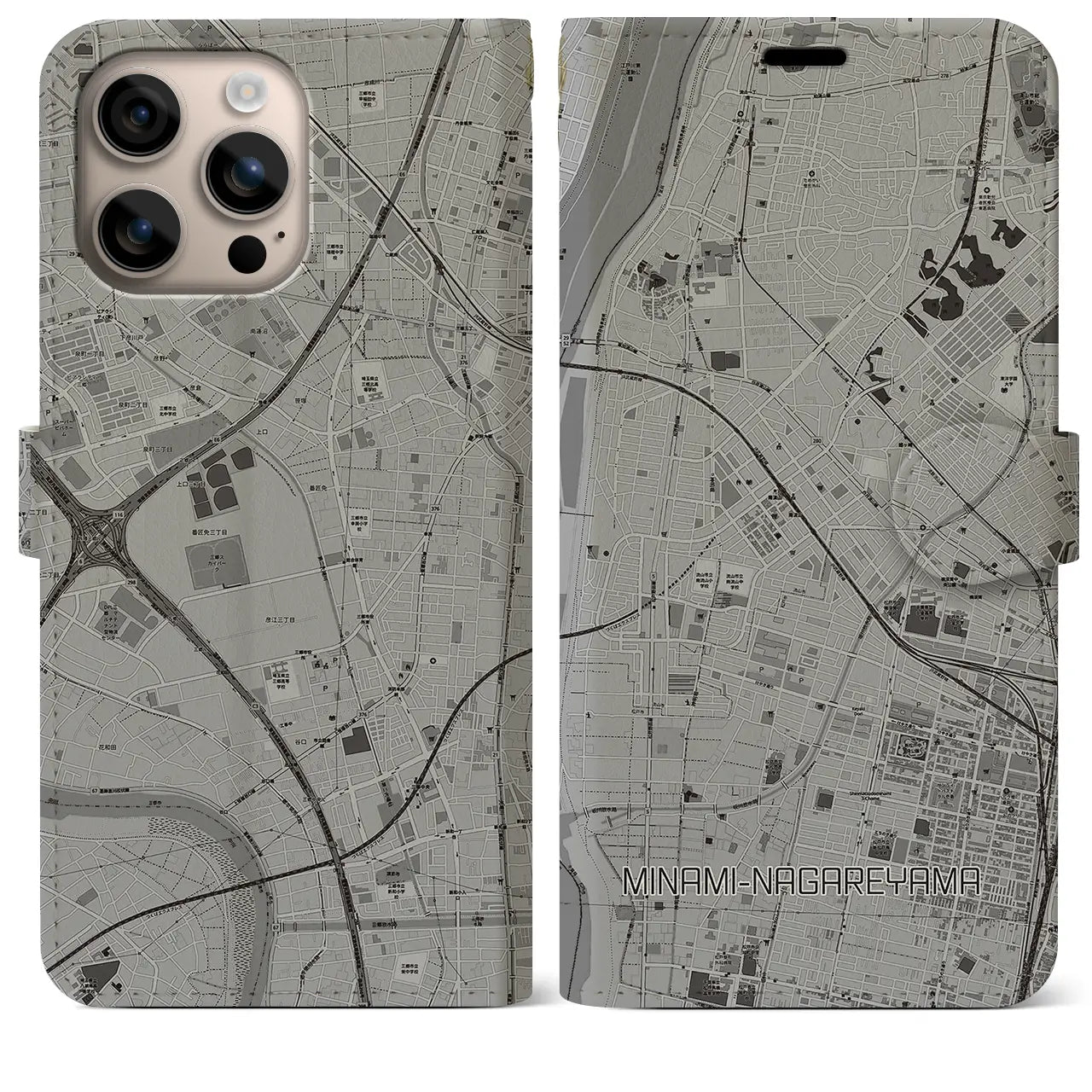 【南流山(千葉県)】地図柄iPhoneケース(手帳タイプ)モノトーン・iPhone 16 Plus 用