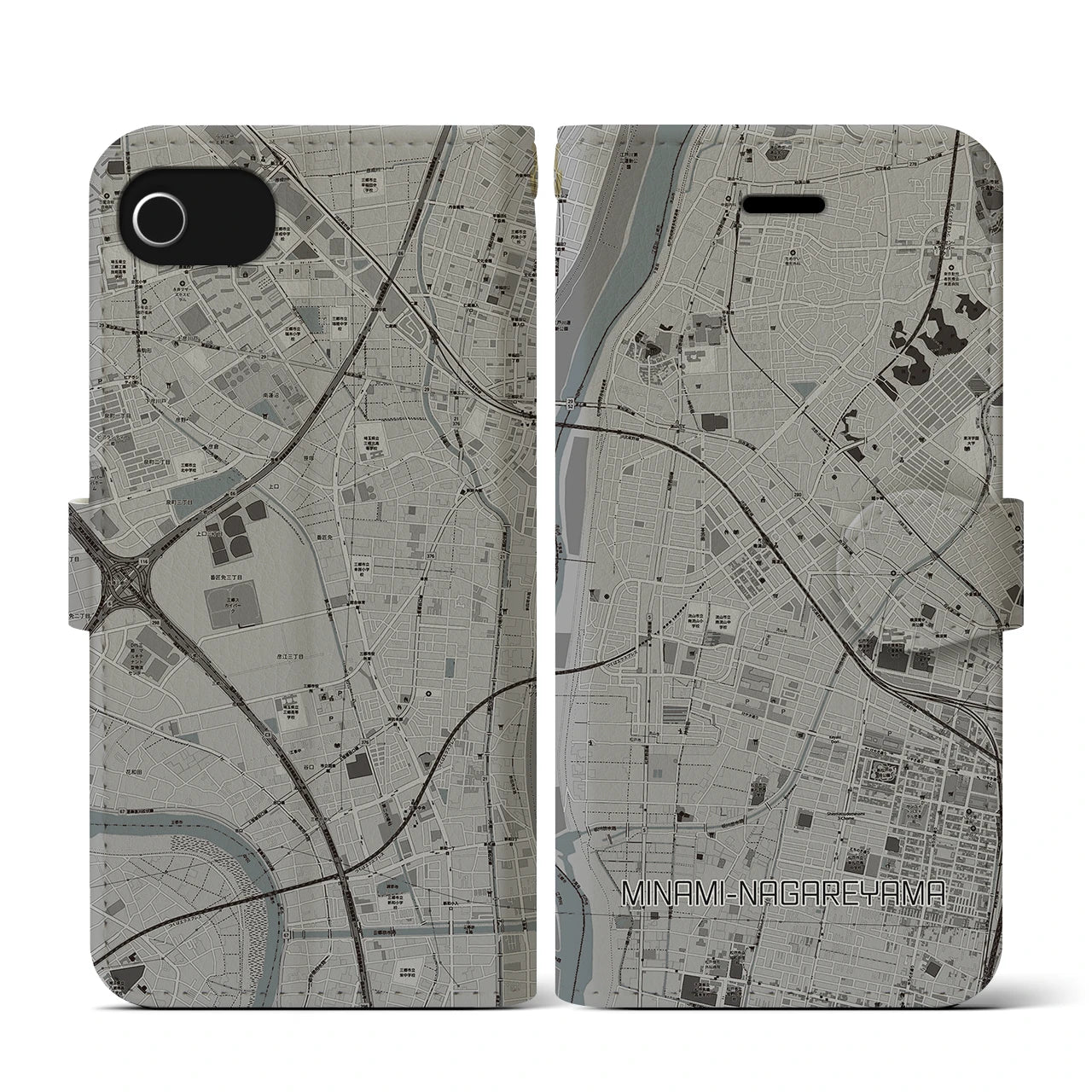 【南流山(千葉県)】地図柄iPhoneケース(手帳タイプ)モノトーン・iPhone SE(第3 / 第2世代) / 8 / 7 / 6s / 6 用