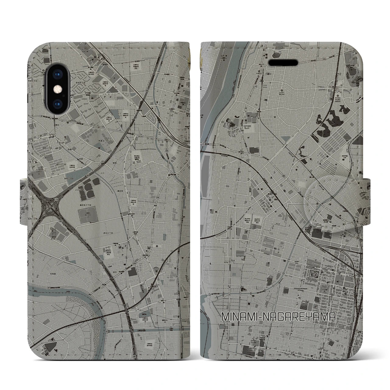 【南流山(千葉県)】地図柄iPhoneケース(手帳タイプ)モノトーン・iPhone XS / X 用