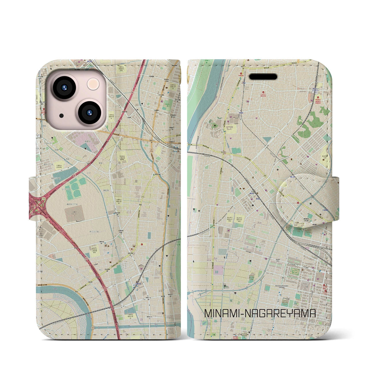 【南流山(千葉県)】地図柄iPhoneケース(手帳タイプ)ナチュラル・iPhone 13 mini 用