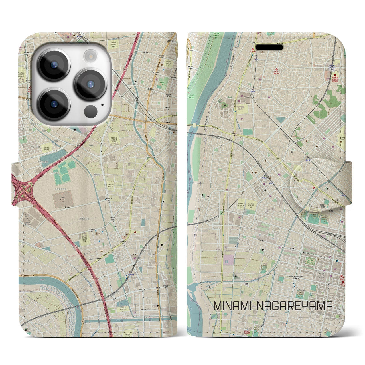 【南流山(千葉県)】地図柄iPhoneケース(手帳タイプ)ナチュラル・iPhone 14 Pro 用