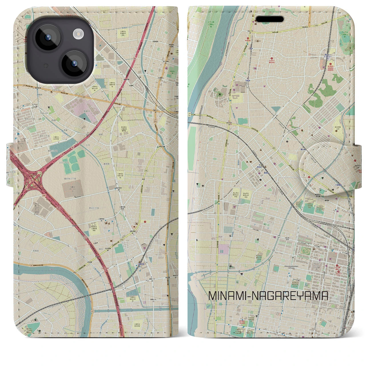 【南流山(千葉県)】地図柄iPhoneケース(手帳タイプ)ナチュラル・iPhone 14 Plus 用
