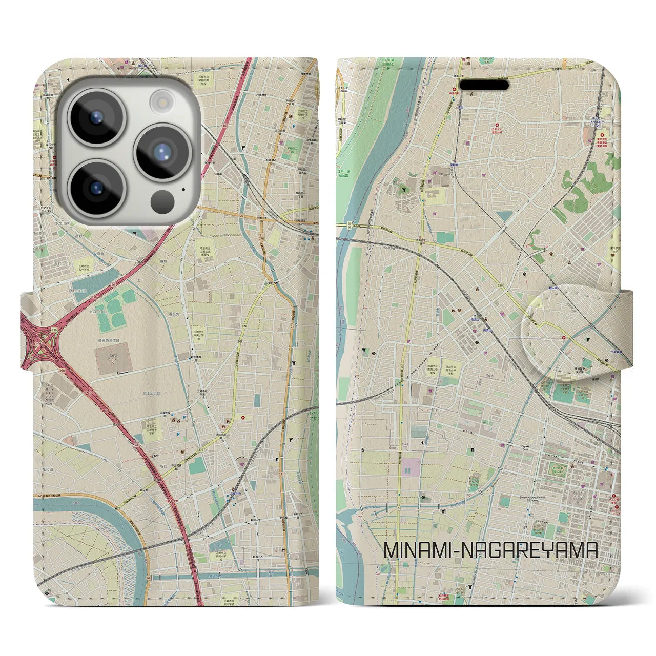【南流山(千葉県)】地図柄iPhoneケース(手帳タイプ)ナチュラル・iPhone 15 Pro 用