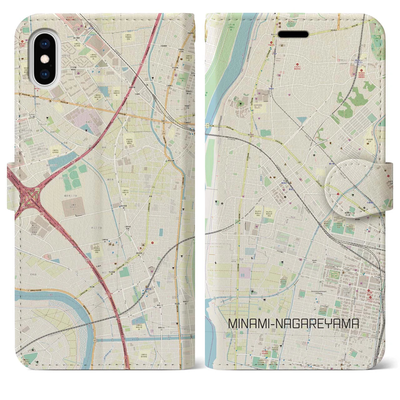 【南流山(千葉県)】地図柄iPhoneケース(手帳タイプ)ナチュラル・iPhone XS Max 用
