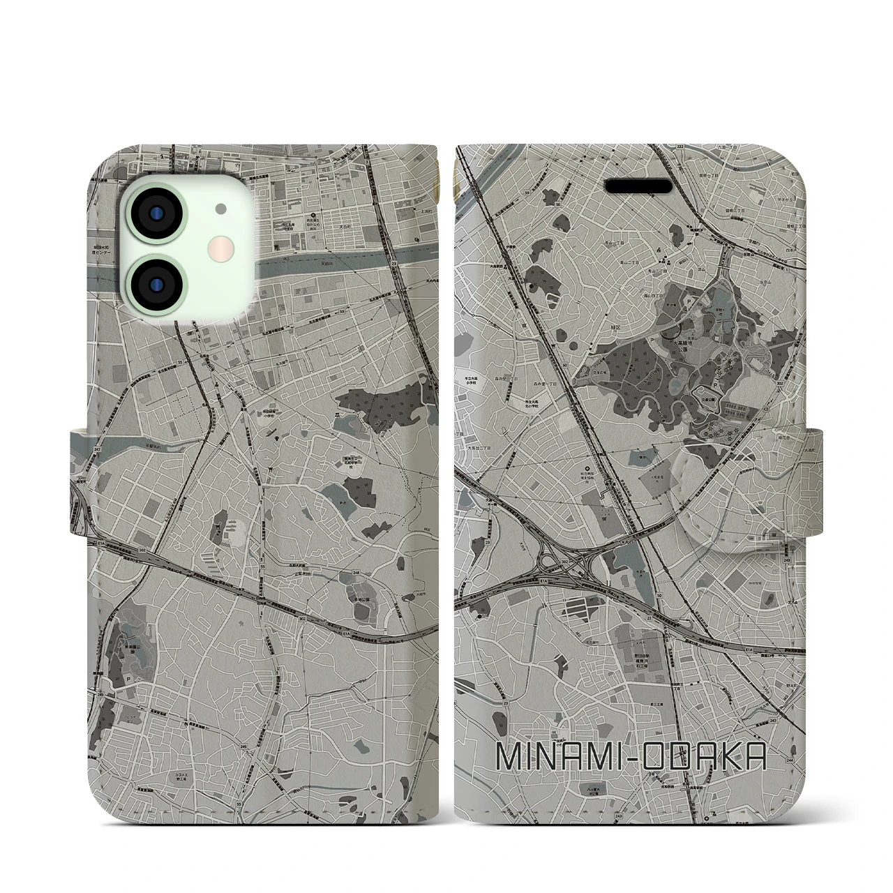 【南大高(愛知県)】地図柄iPhoneケース(手帳タイプ)モノトーン・iPhone 12 mini 用