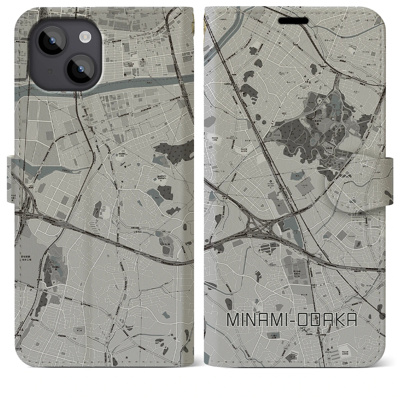 【南大高(愛知県)】地図柄iPhoneケース(手帳タイプ)モノトーン・iPhone 14 Plus 用