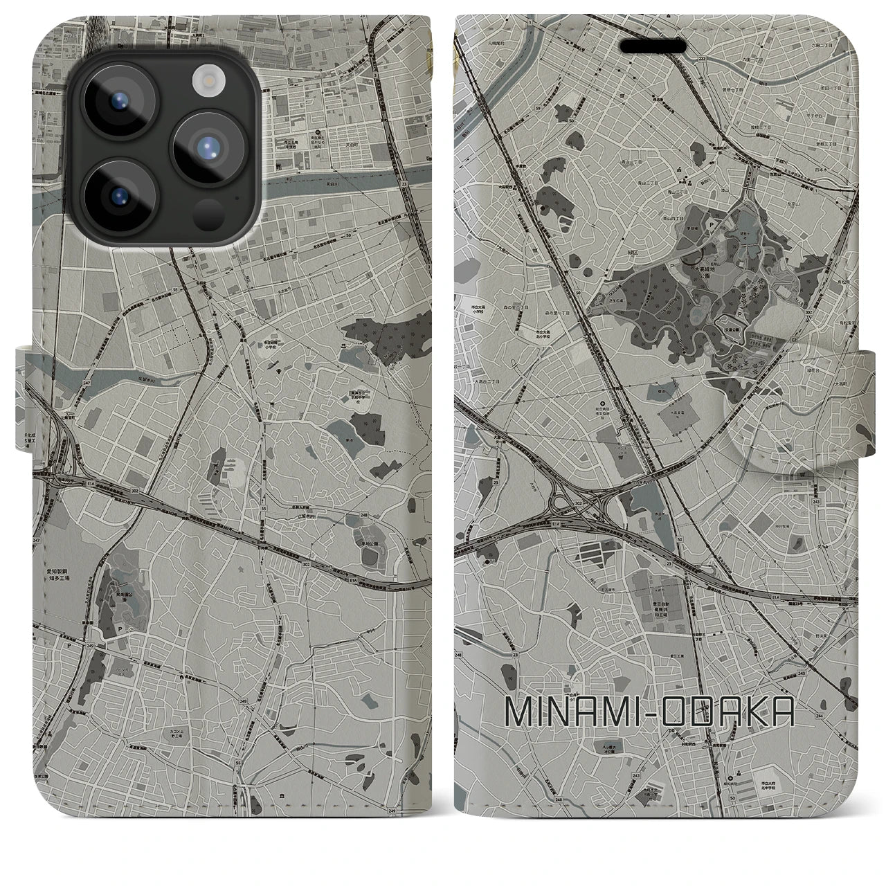 【南大高(愛知県)】地図柄iPhoneケース(手帳タイプ)モノトーン・iPhone 15 Pro Max 用