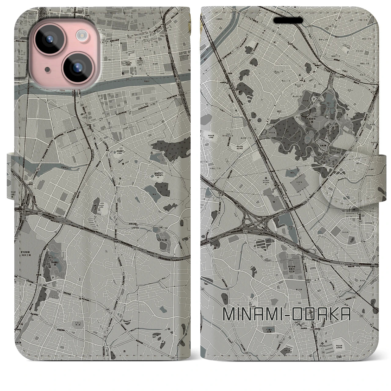 【南大高(愛知県)】地図柄iPhoneケース(手帳タイプ)モノトーン・iPhone 15 Plus 用