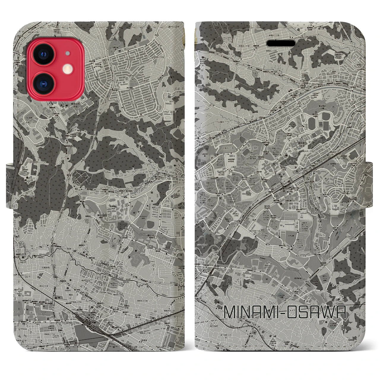 【南大沢(東京都)】地図柄iPhoneケース(手帳タイプ)モノトーン・iPhone 11 用