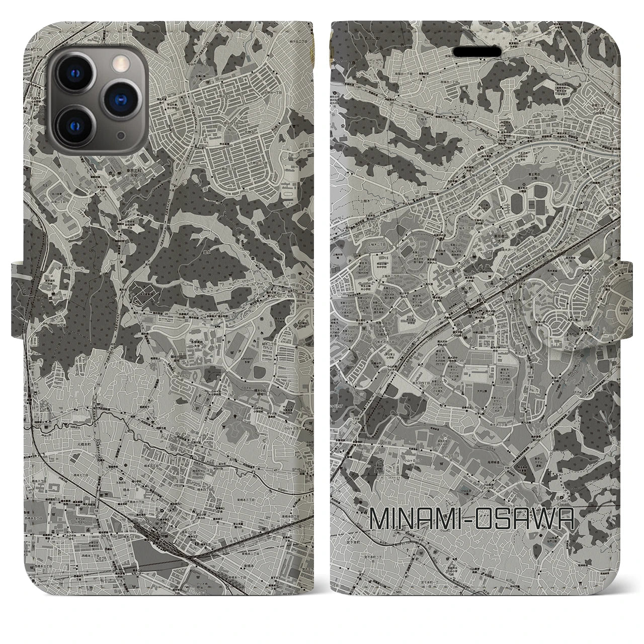 【南大沢(東京都)】地図柄iPhoneケース(手帳タイプ)モノトーン・iPhone 11 Pro Max 用
