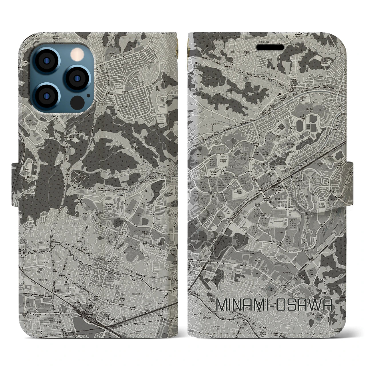 【南大沢(東京都)】地図柄iPhoneケース(手帳タイプ)モノトーン・iPhone 12 / 12 Pro 用