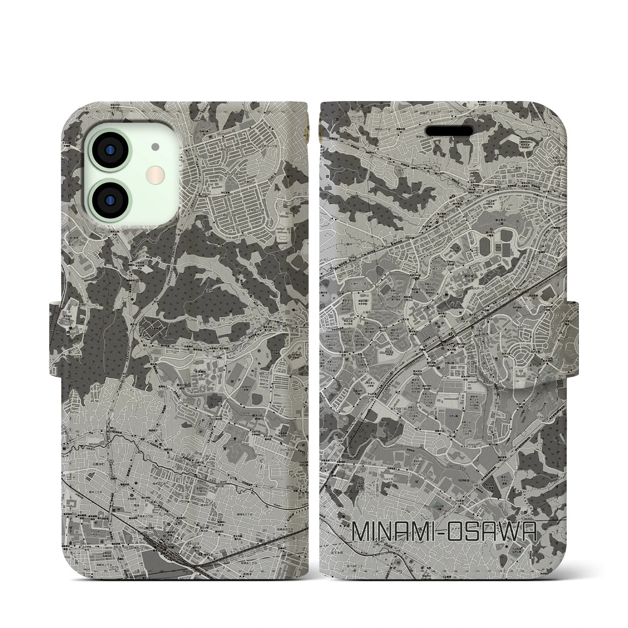 【南大沢(東京都)】地図柄iPhoneケース(手帳タイプ)モノトーン・iPhone 12 mini 用