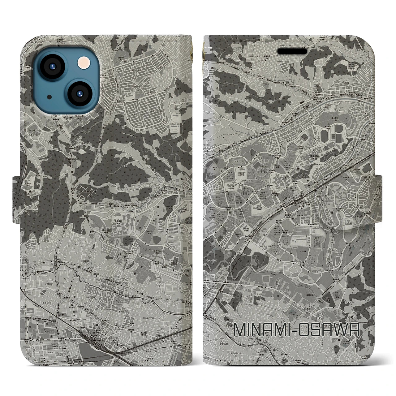 【南大沢(東京都)】地図柄iPhoneケース(手帳タイプ)モノトーン・iPhone 13 用