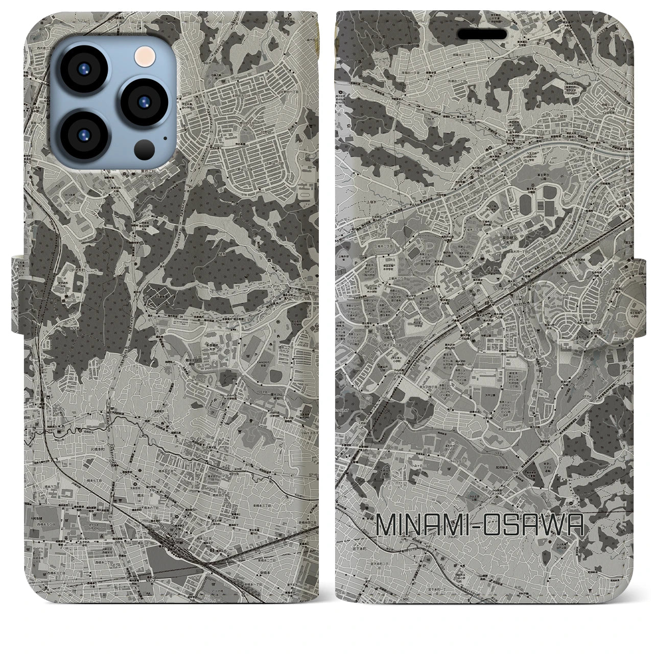 【南大沢(東京都)】地図柄iPhoneケース(手帳タイプ)モノトーン・iPhone 13 Pro Max 用