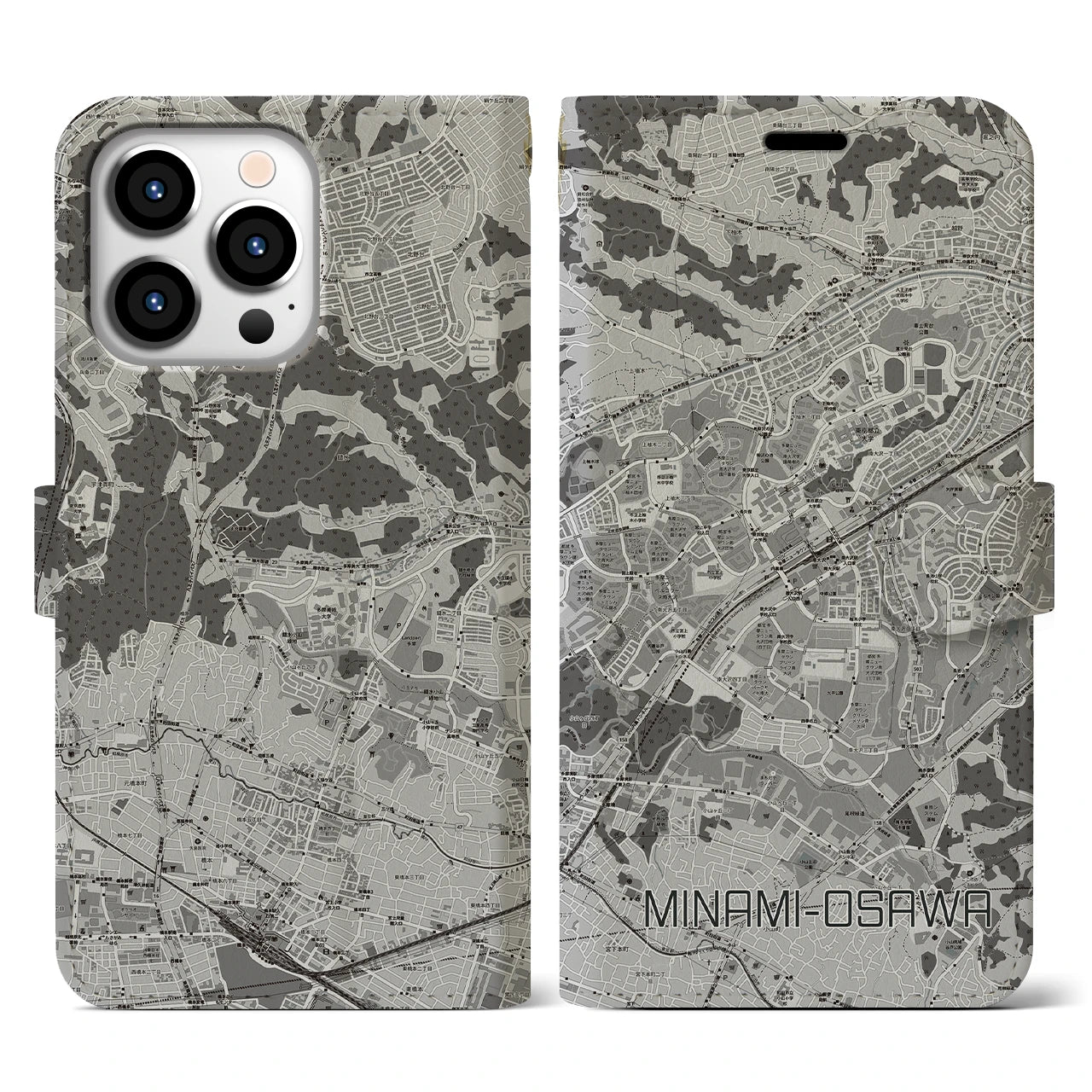 【南大沢(東京都)】地図柄iPhoneケース(手帳タイプ)モノトーン・iPhone 13 Pro 用