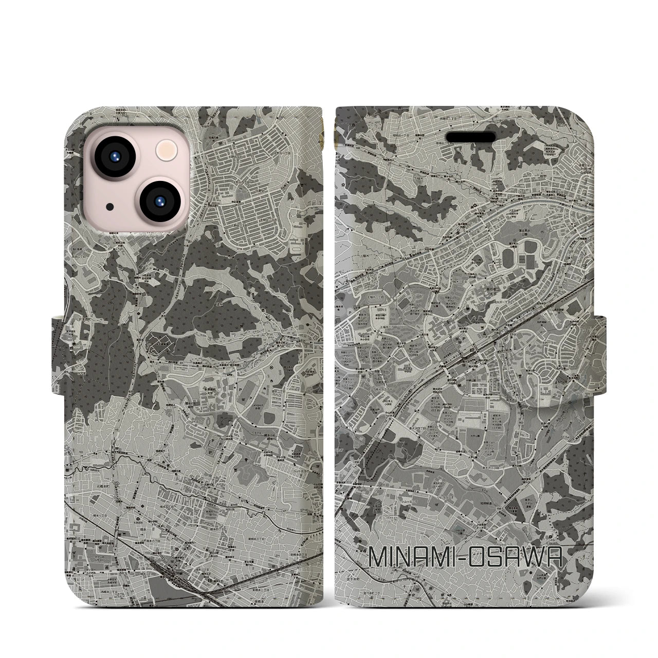 【南大沢(東京都)】地図柄iPhoneケース(手帳タイプ)モノトーン・iPhone 13 mini 用