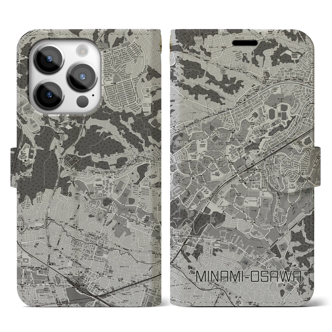 【南大沢(東京都)】地図柄iPhoneケース(手帳タイプ)モノトーン・iPhone 14 Pro 用