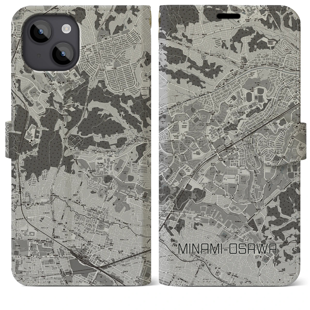 【南大沢(東京都)】地図柄iPhoneケース(手帳タイプ)モノトーン・iPhone 14 Plus 用