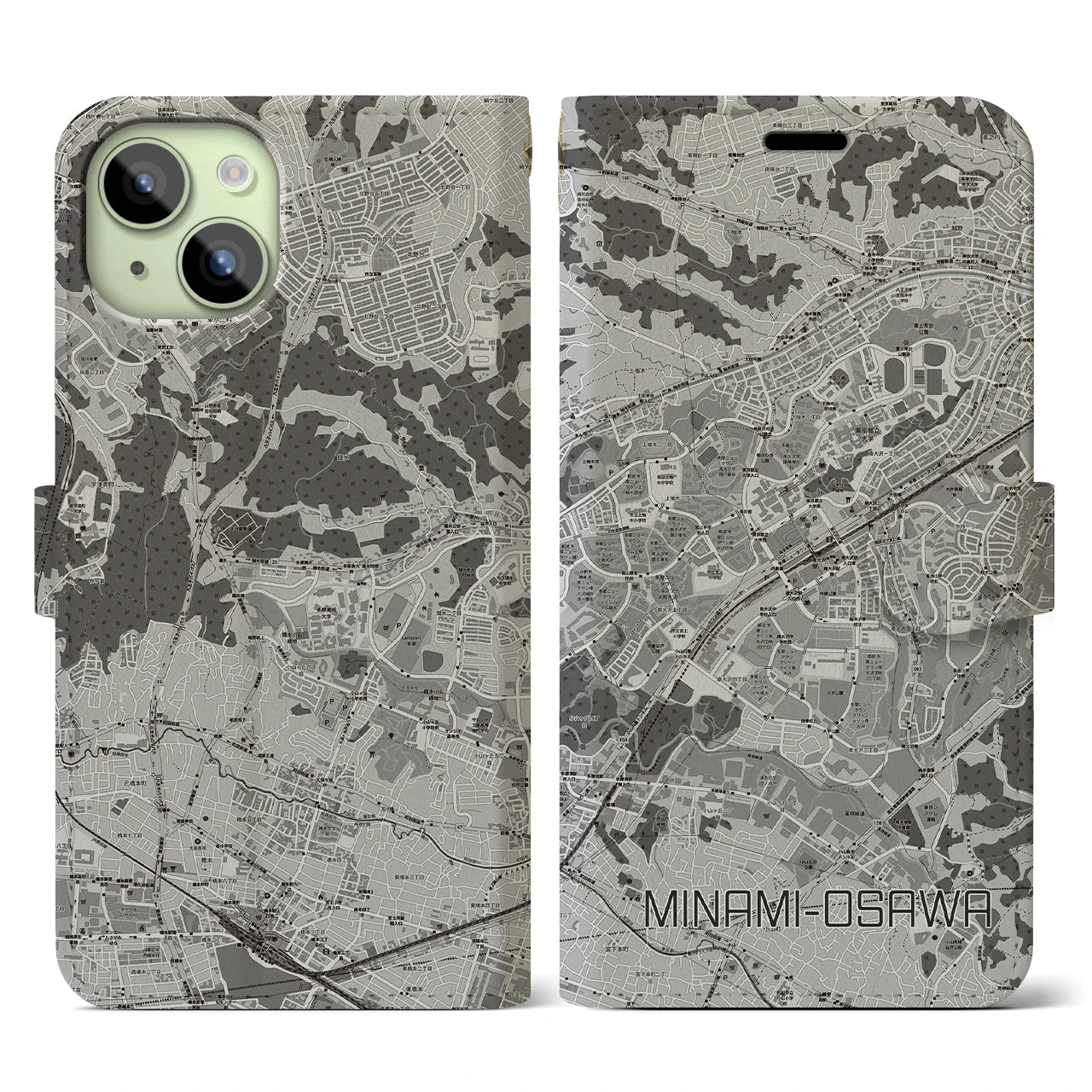 【南大沢(東京都)】地図柄iPhoneケース(手帳タイプ)モノトーン・iPhone 15 用