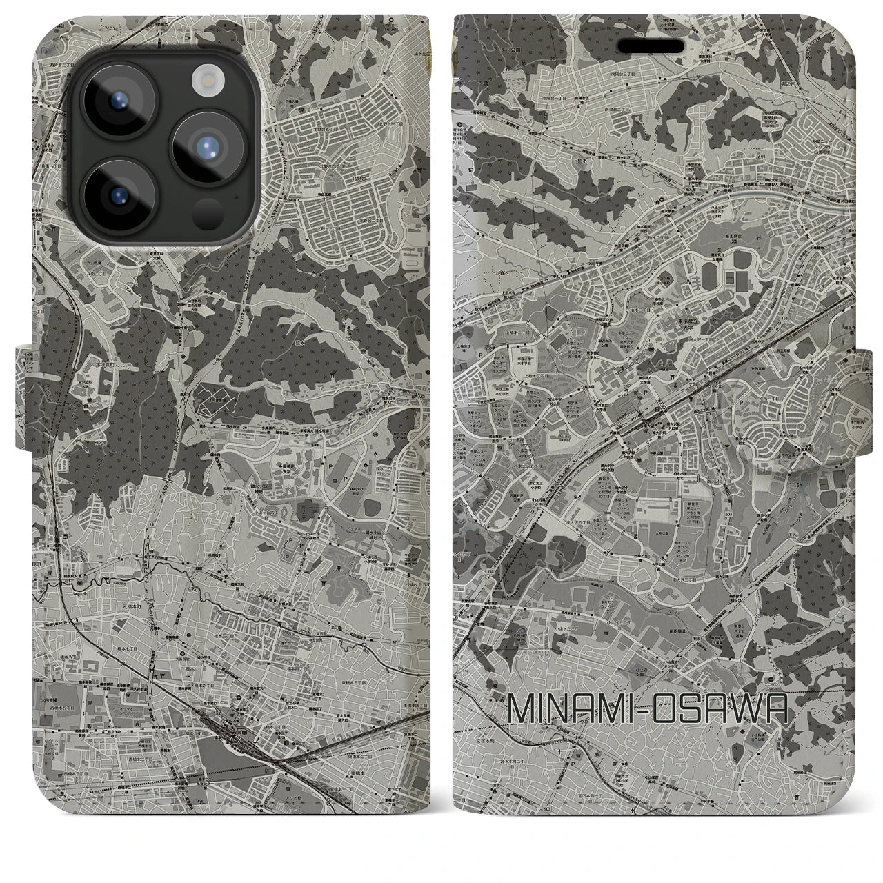 【南大沢(東京都)】地図柄iPhoneケース(手帳タイプ)モノトーン・iPhone 15 Pro Max 用