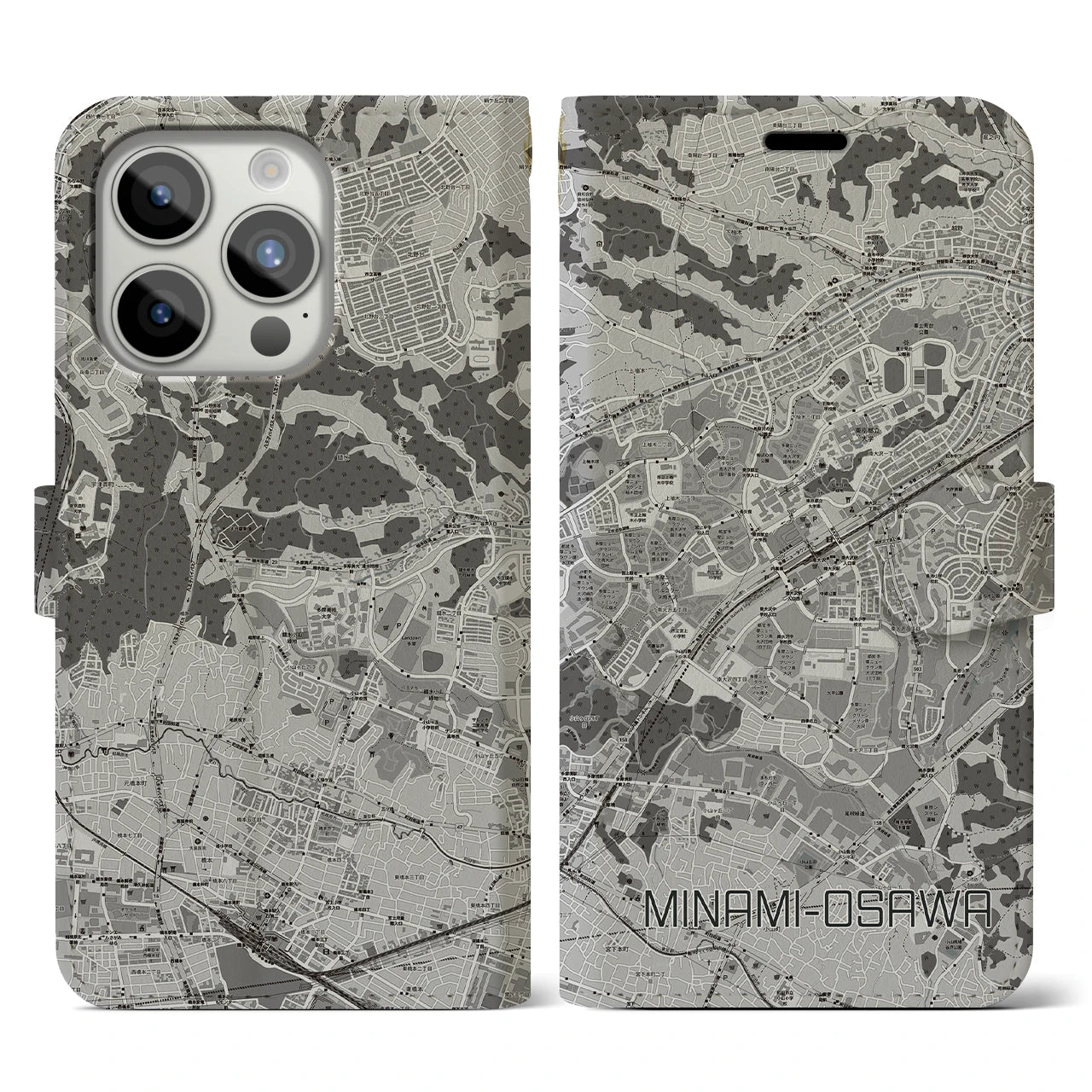 【南大沢(東京都)】地図柄iPhoneケース(手帳タイプ)モノトーン・iPhone 15 Pro 用