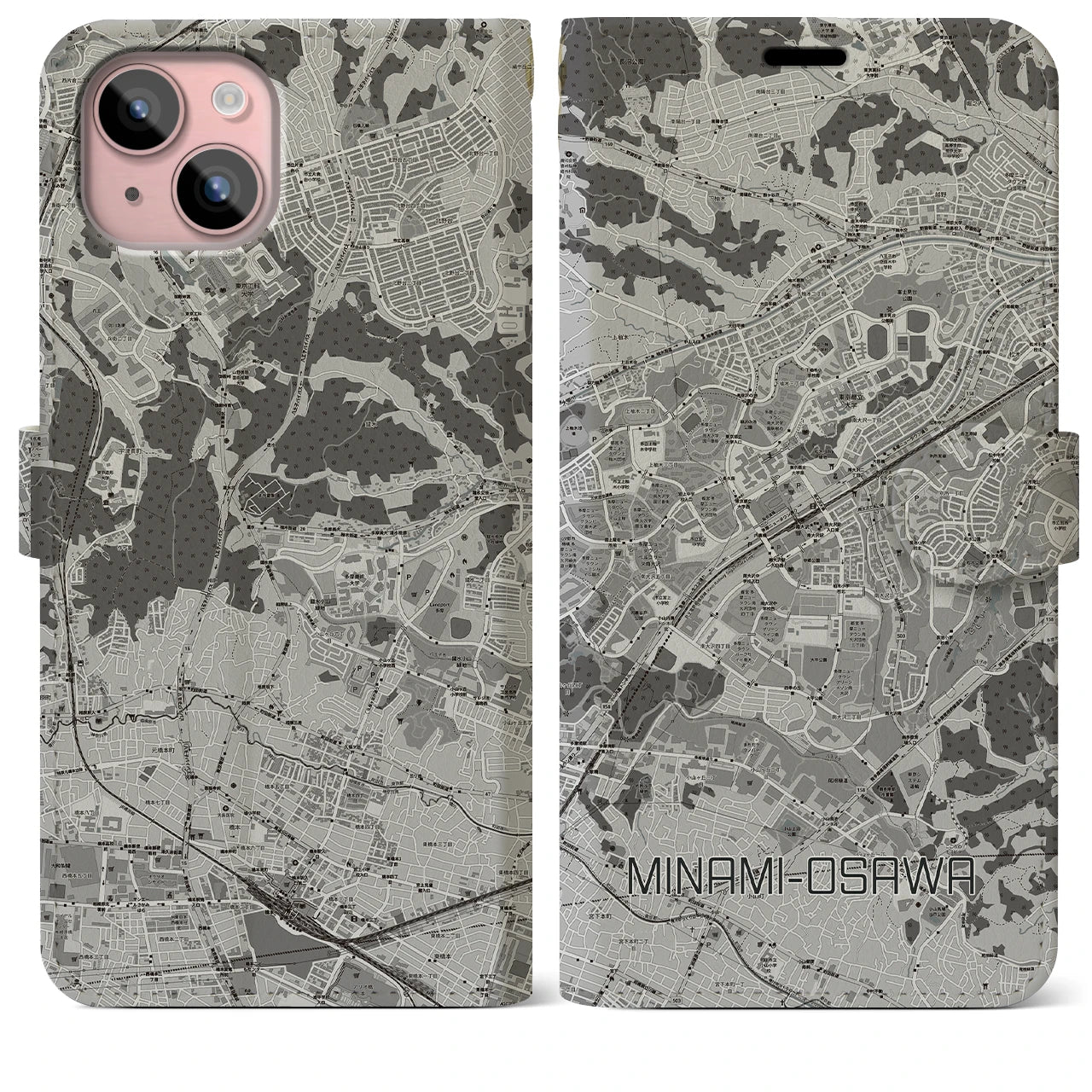 【南大沢(東京都)】地図柄iPhoneケース(手帳タイプ)モノトーン・iPhone 15 Plus 用