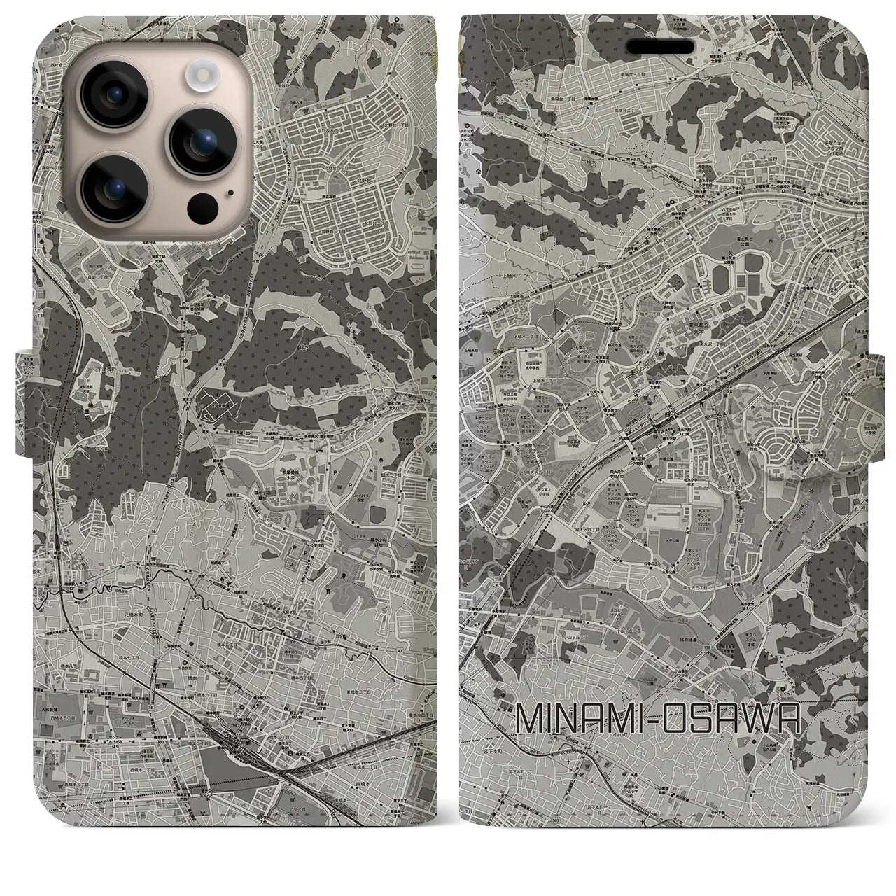 【南大沢(東京都)】地図柄iPhoneケース(手帳タイプ)モノトーン・iPhone 16 Plus 用