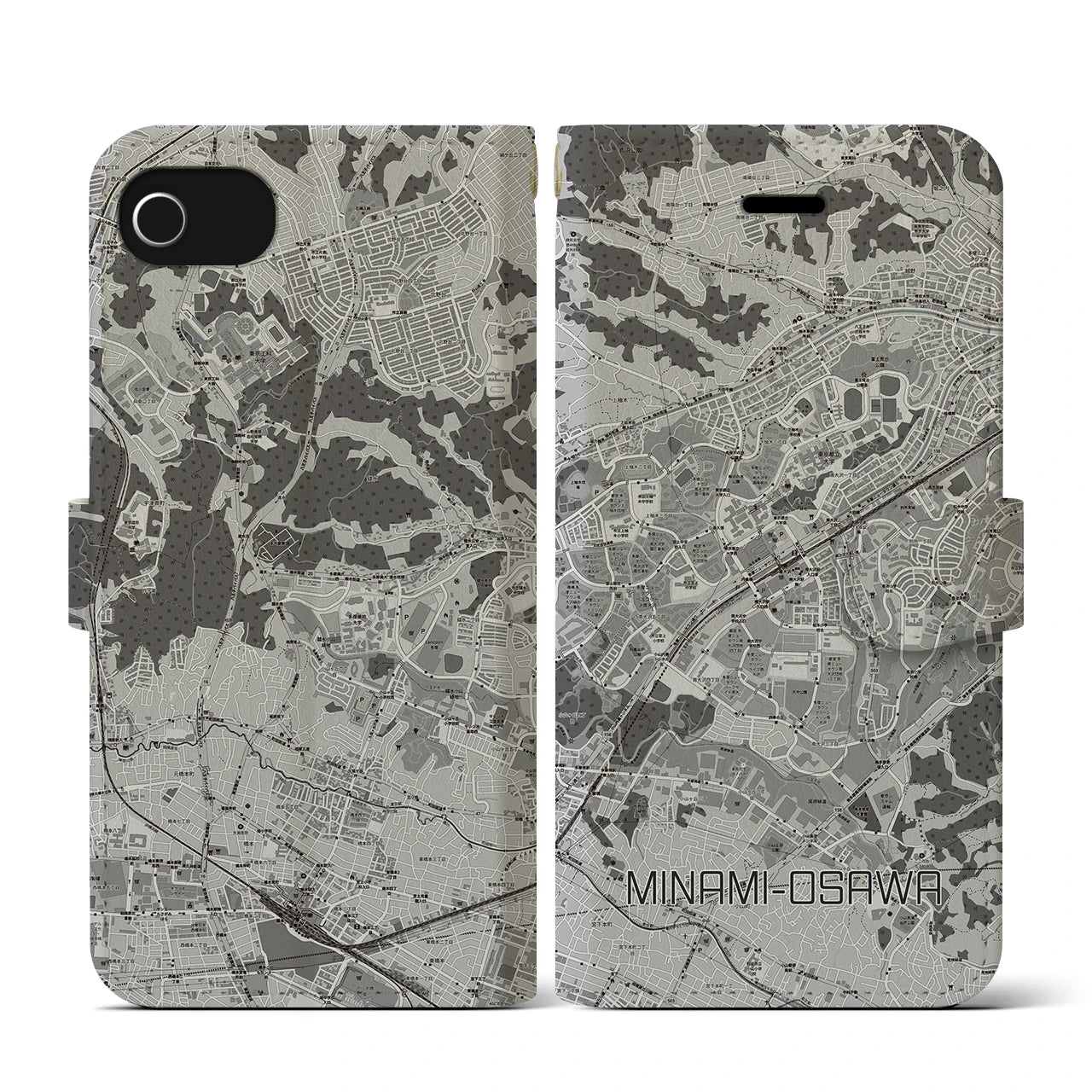 【南大沢(東京都)】地図柄iPhoneケース(手帳タイプ)モノトーン・iPhone SE(第3 / 第2世代) / 8 / 7 / 6s / 6 用