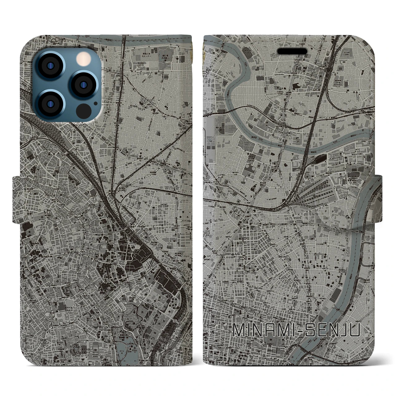 【南千住(東京都)】地図柄iPhoneケース(手帳タイプ)モノトーン・iPhone 12 / 12 Pro 用