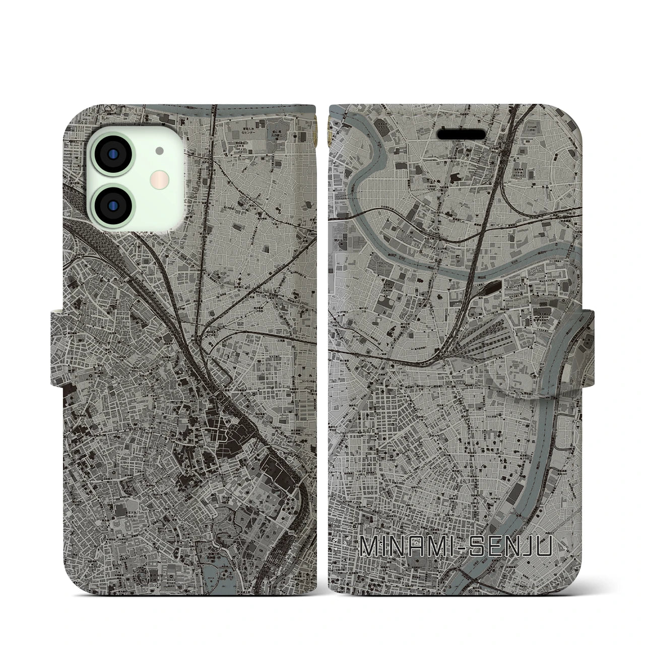 【南千住(東京都)】地図柄iPhoneケース(手帳タイプ)モノトーン・iPhone 12 mini 用
