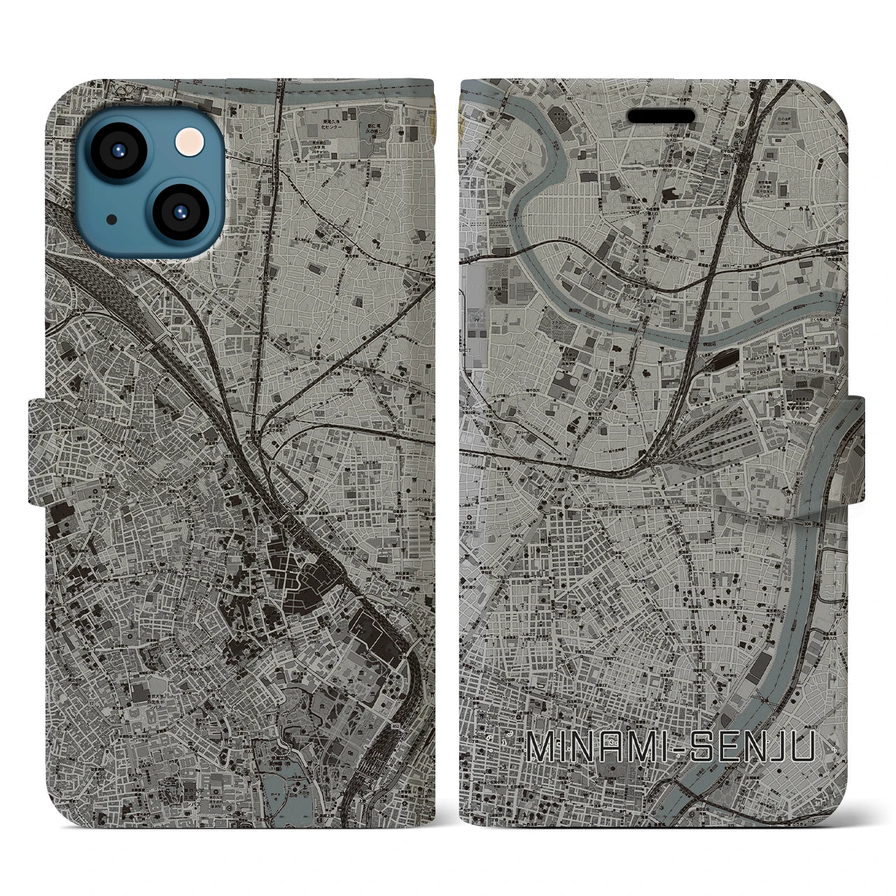 【南千住(東京都)】地図柄iPhoneケース(手帳タイプ)モノトーン・iPhone 13 用