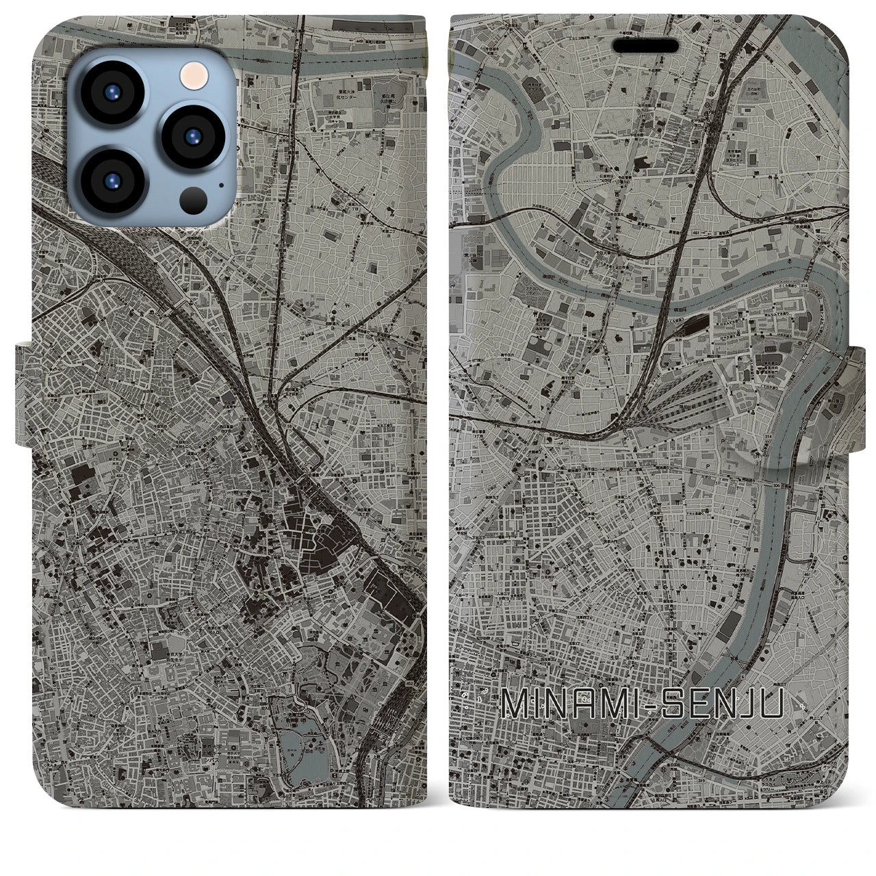 【南千住(東京都)】地図柄iPhoneケース(手帳タイプ)モノトーン・iPhone 13 Pro Max 用