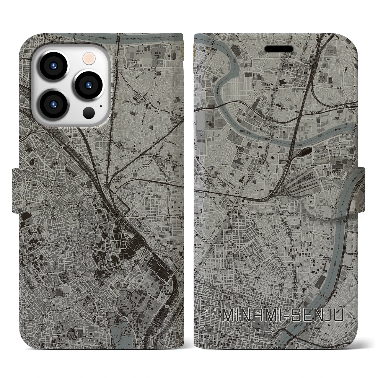 【南千住(東京都)】地図柄iPhoneケース(手帳タイプ)モノトーン・iPhone 13 Pro 用