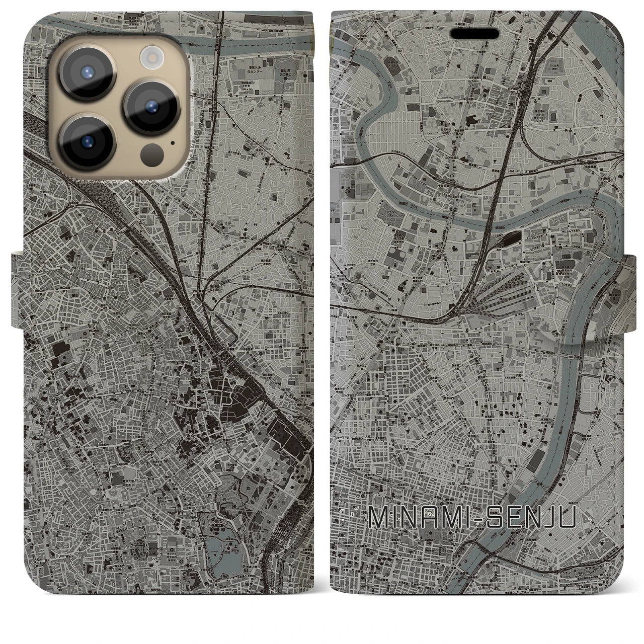 【南千住(東京都)】地図柄iPhoneケース(手帳タイプ)モノトーン・iPhone 14 Pro Max 用