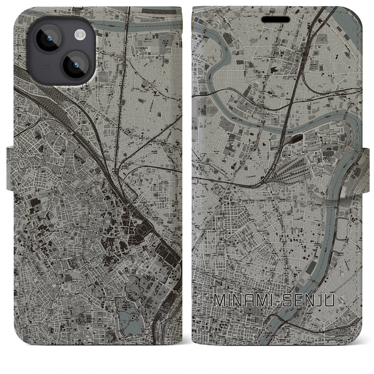 【南千住(東京都)】地図柄iPhoneケース(手帳タイプ)モノトーン・iPhone 14 Plus 用