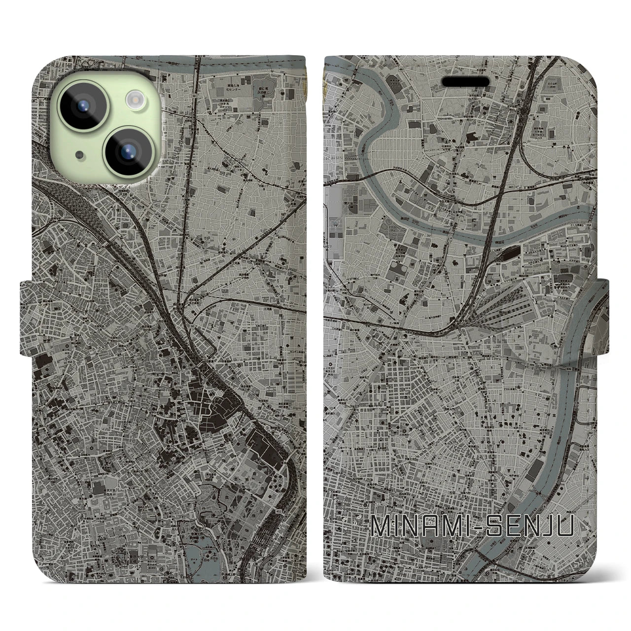 【南千住(東京都)】地図柄iPhoneケース(手帳タイプ)モノトーン・iPhone 15 用