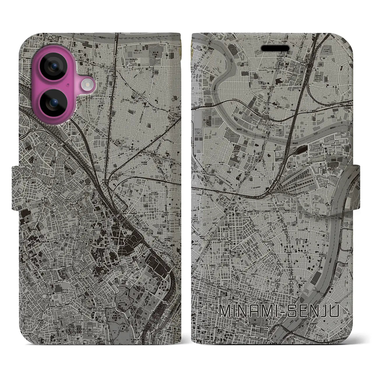 【南千住(東京都)】地図柄iPhoneケース(手帳タイプ)モノトーン・iPhone 16 Pro 用