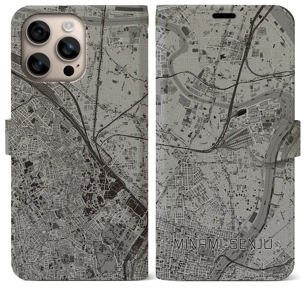 【南千住(東京都)】地図柄iPhoneケース(手帳タイプ)モノトーン・iPhone 16 Plus 用