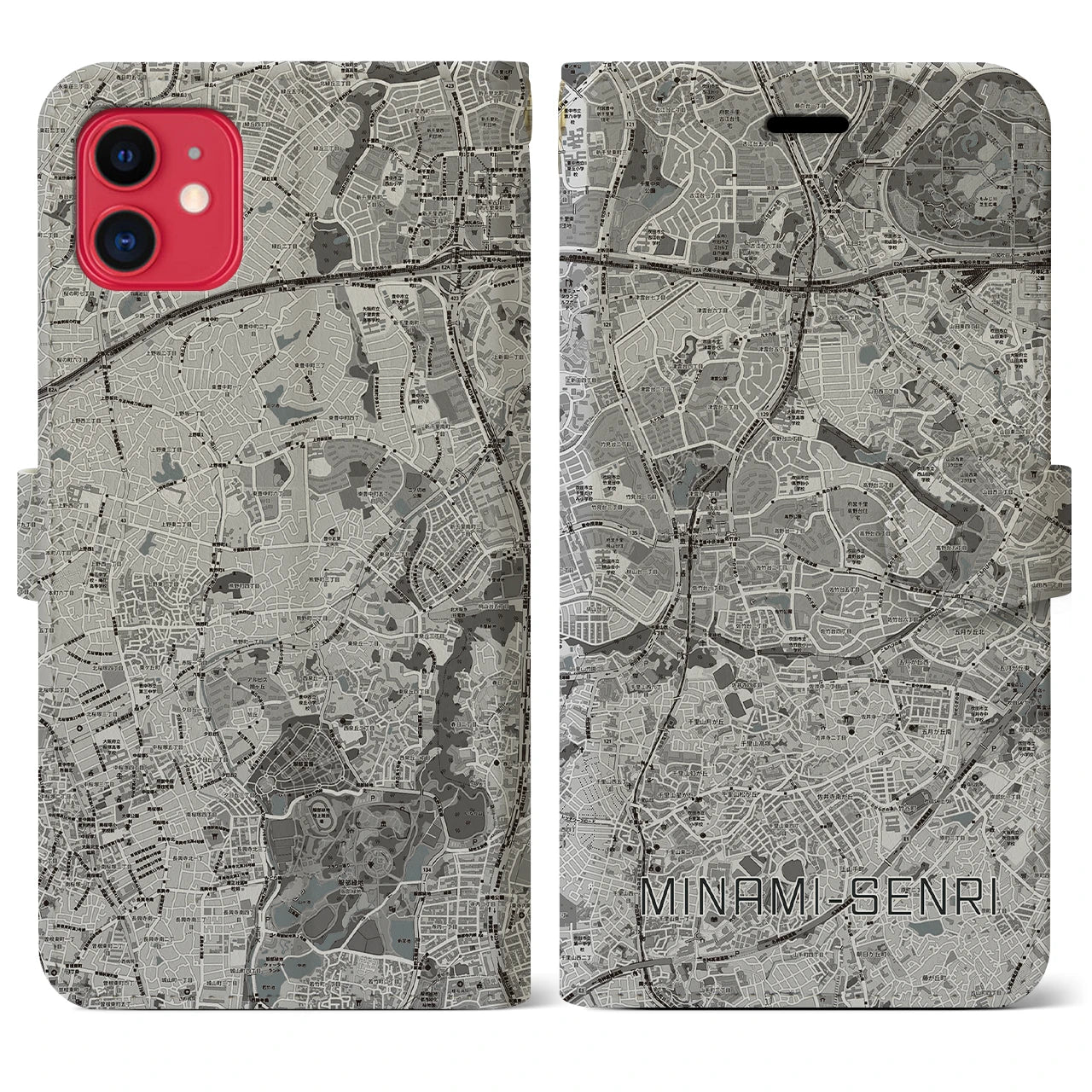 【南千里(大阪府)】地図柄iPhoneケース(手帳タイプ)モノトーン・iPhone 11 用