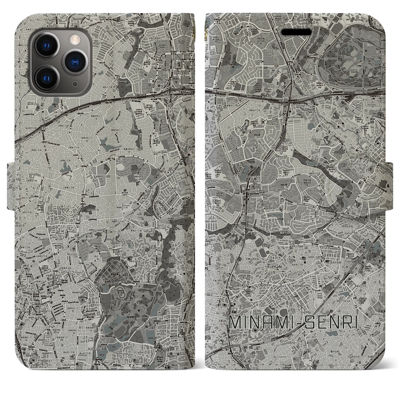 【南千里(大阪府)】地図柄iPhoneケース(手帳タイプ)モノトーン・iPhone 11 Pro Max 用