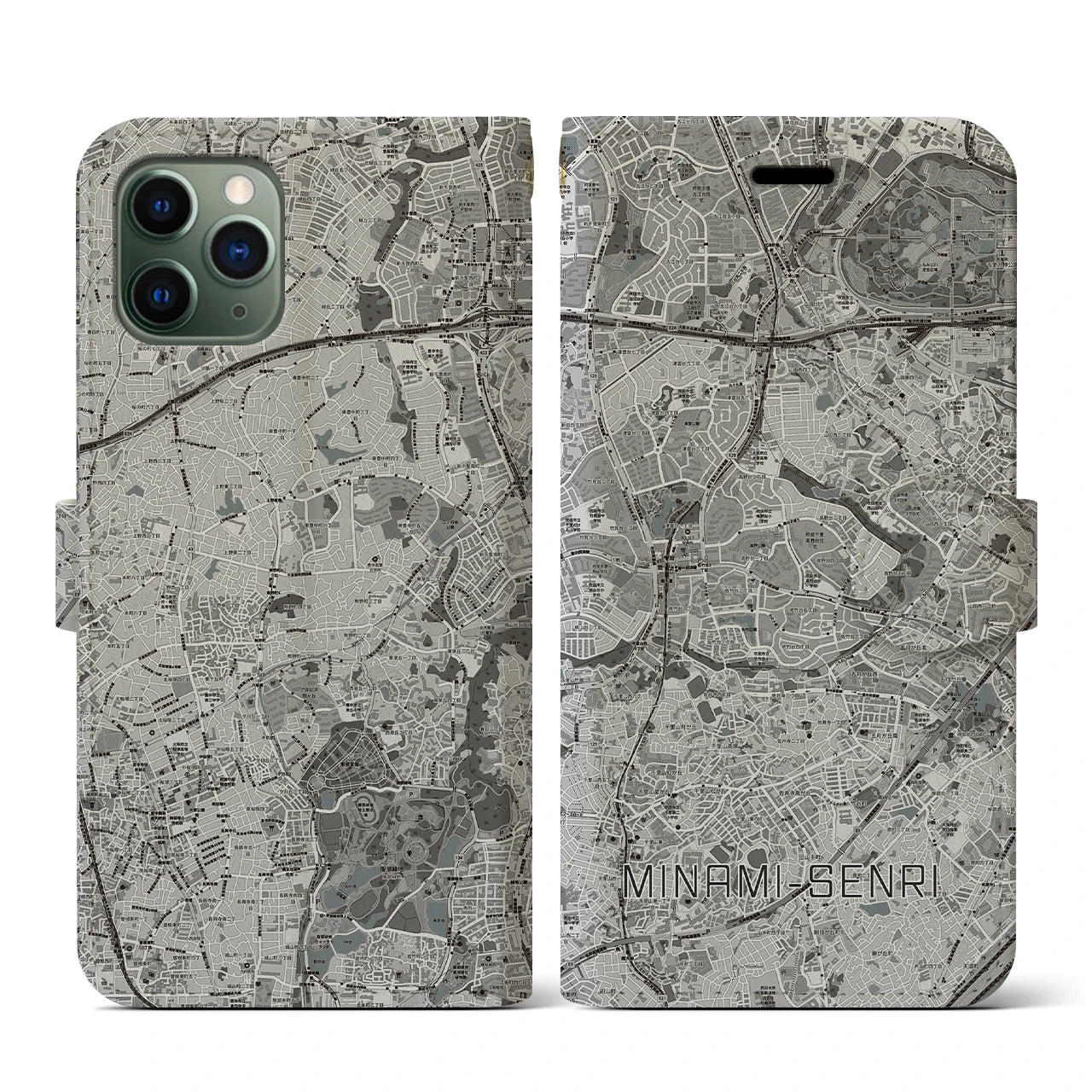 【南千里(大阪府)】地図柄iPhoneケース(手帳タイプ)モノトーン・iPhone 11 Pro 用