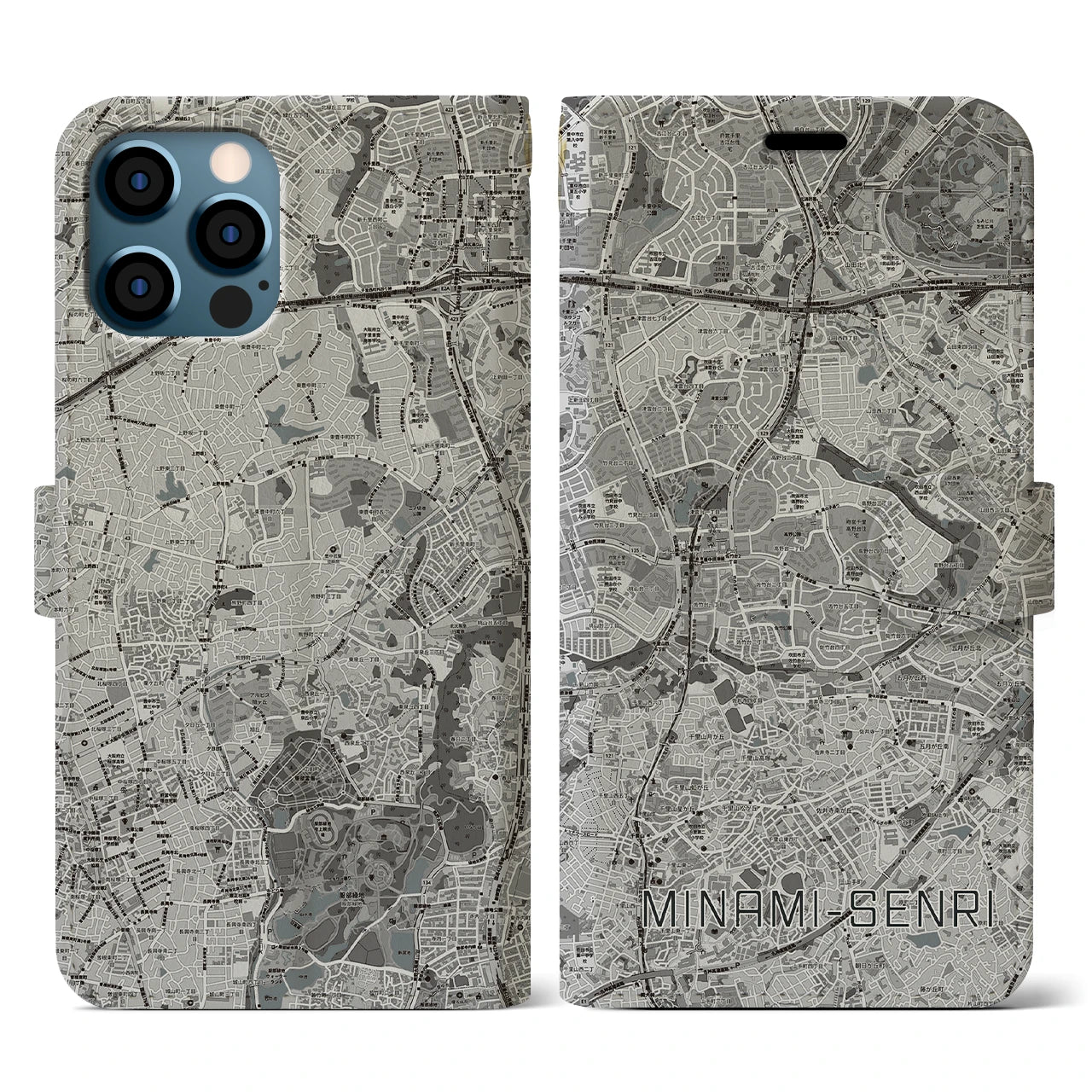 【南千里(大阪府)】地図柄iPhoneケース(手帳タイプ)モノトーン・iPhone 12 / 12 Pro 用