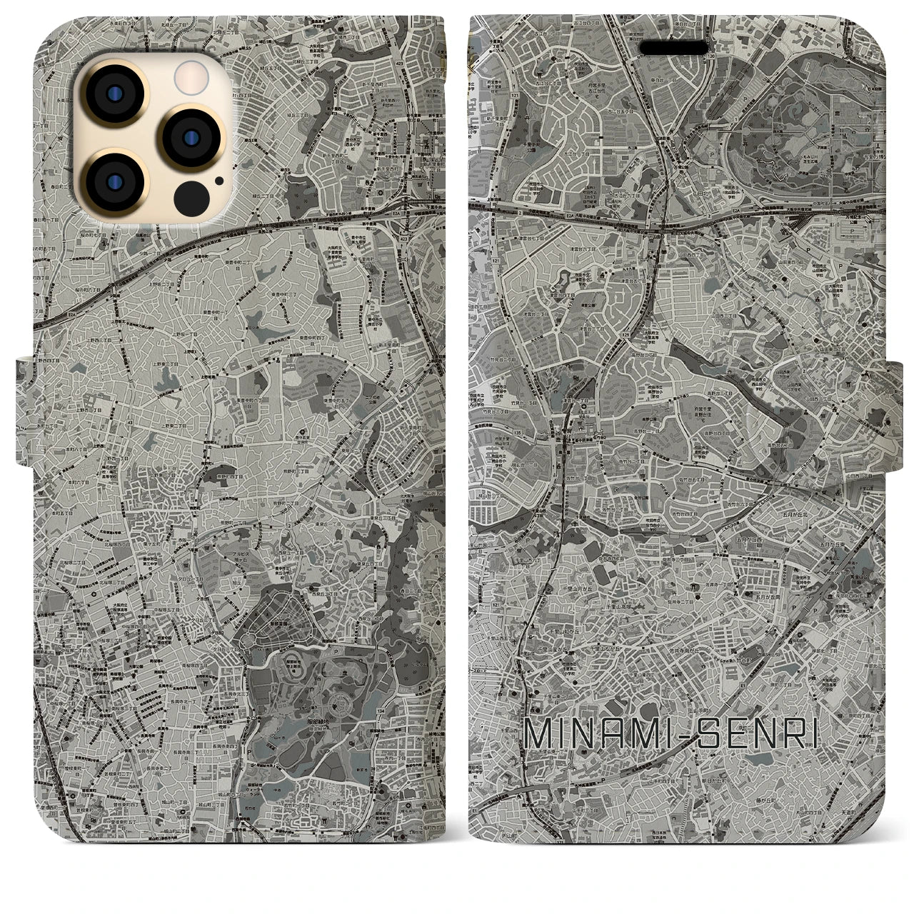 【南千里(大阪府)】地図柄iPhoneケース(手帳タイプ)モノトーン・iPhone 12 Pro Max 用