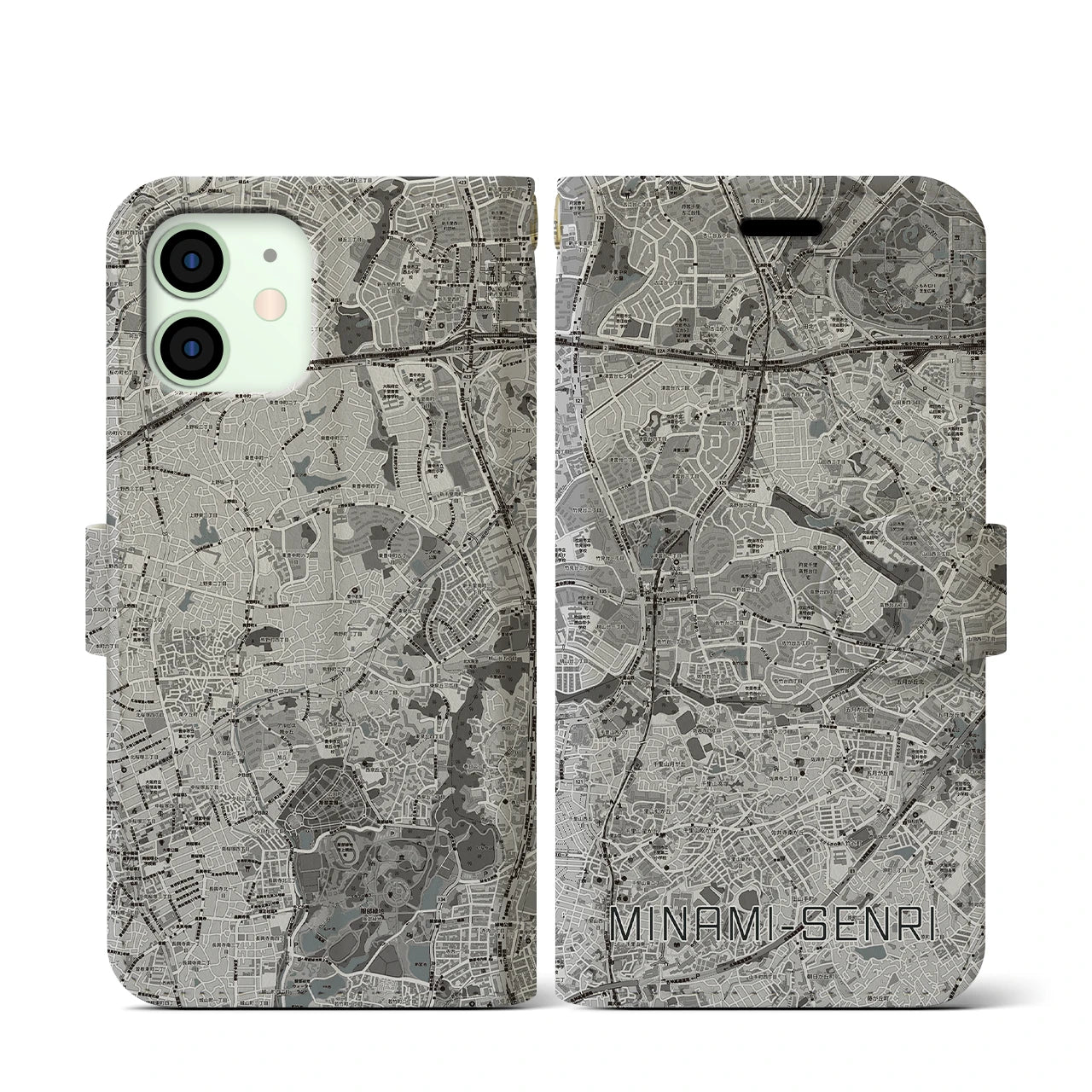 【南千里(大阪府)】地図柄iPhoneケース(手帳タイプ)モノトーン・iPhone 12 mini 用