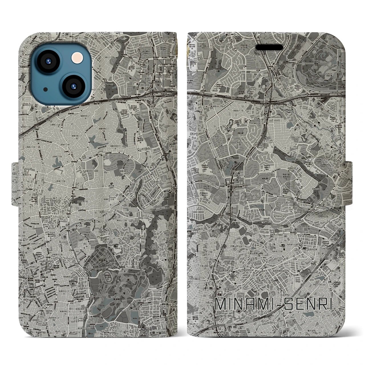 【南千里(大阪府)】地図柄iPhoneケース(手帳タイプ)モノトーン・iPhone 13 用