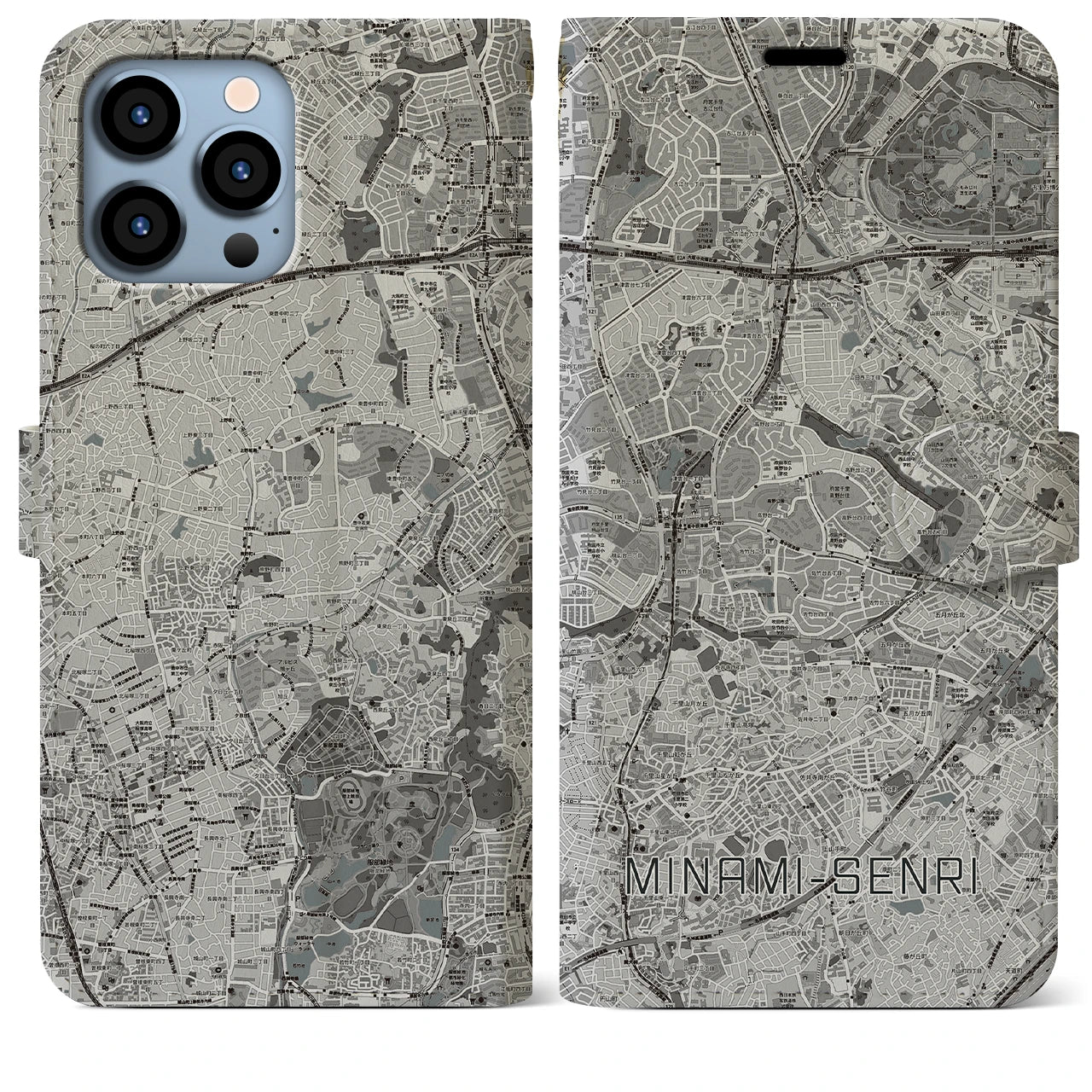 【南千里(大阪府)】地図柄iPhoneケース(手帳タイプ)モノトーン・iPhone 13 Pro Max 用