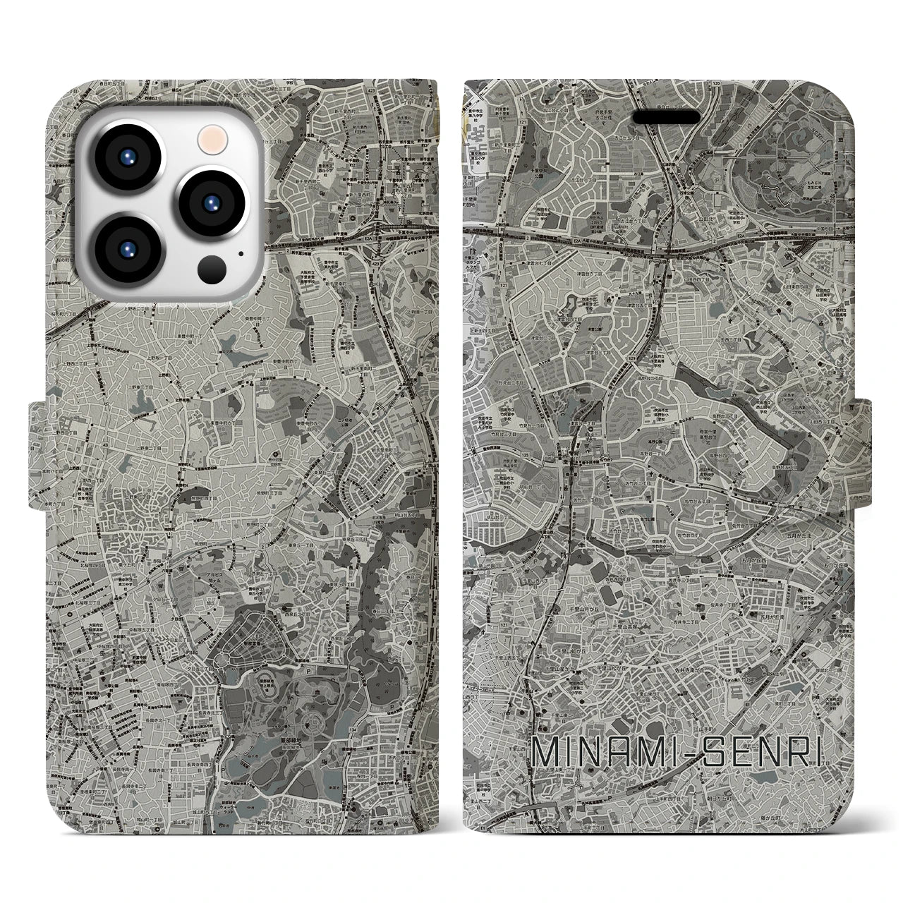 【南千里(大阪府)】地図柄iPhoneケース(手帳タイプ)モノトーン・iPhone 13 Pro 用