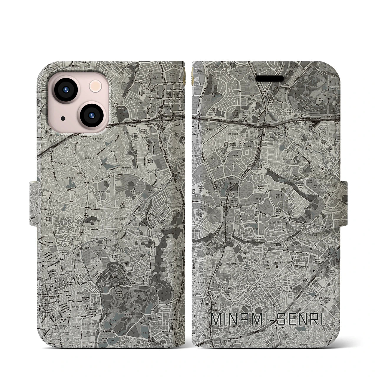 【南千里(大阪府)】地図柄iPhoneケース(手帳タイプ)モノトーン・iPhone 13 mini 用