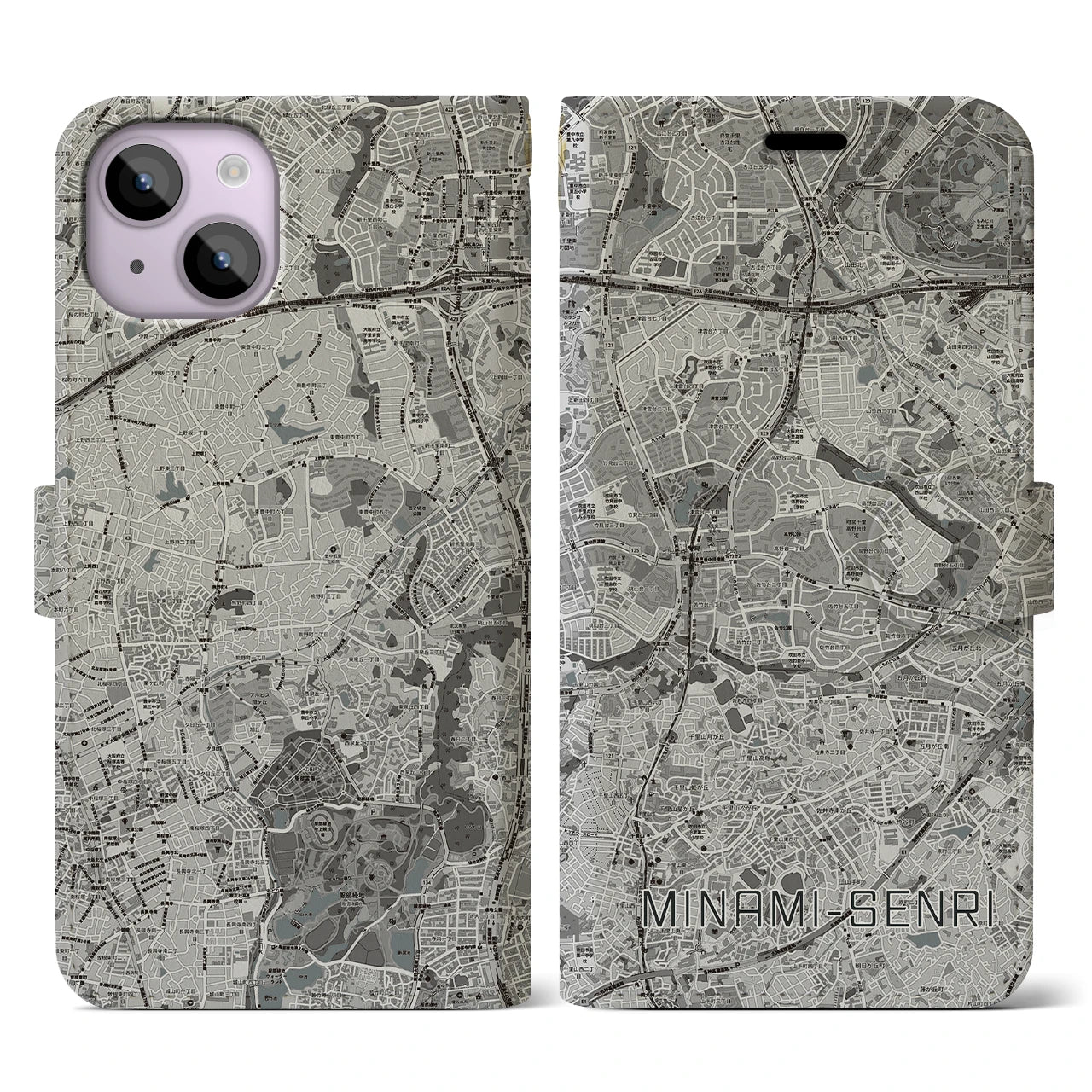【南千里(大阪府)】地図柄iPhoneケース(手帳タイプ)モノトーン・iPhone 14 用